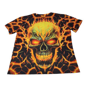 Flaming Skull Black Yellow and Red Graphic Tee T-Shirt Men's XL